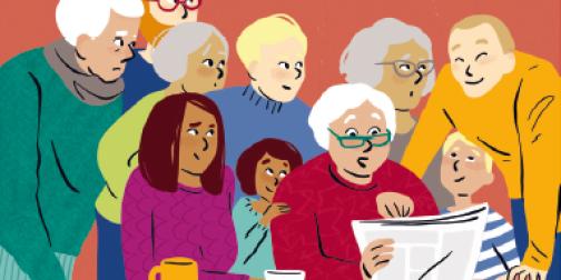 Famille lisant le journal
