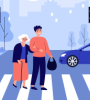 Femme avec une cane qui traverse la route