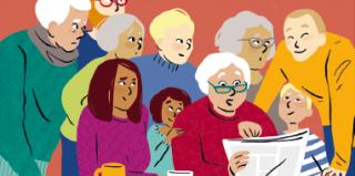 Famille lisant le journal