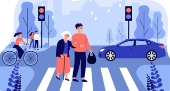 Femme avec une cane qui traverse la route